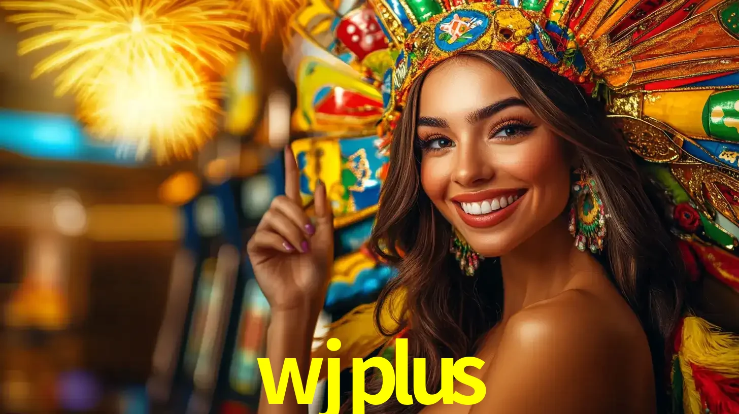 Mulher sorridente com um cocar de carnaval vibrante e colorido, celebrando uma grande vitória nos jogos do cassino wjplus com fogos de artifício ao fundo.