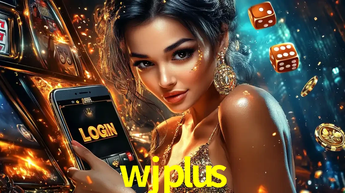Mulher glamourosa segurando um celular com a tela de login do cassino wjplus, rodeada por dados e moedas douradas, pronta para começar a diversão.