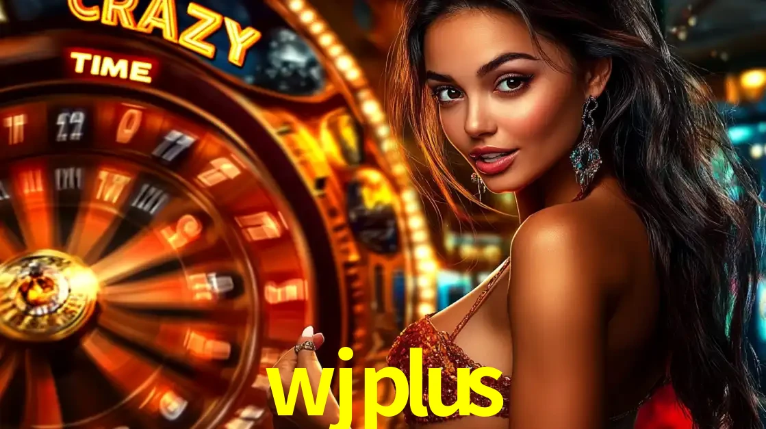Mulher ao lado da roda de prêmios do jogo de cassino ao vivo Crazy Time, um dos shows de jogos mais emocionantes oferecidos pela plataforma de apostas wjplus.