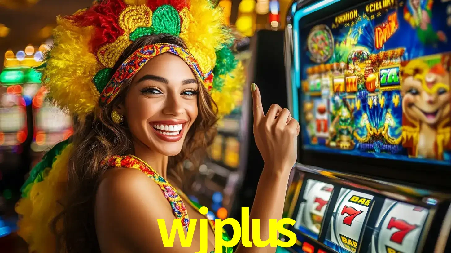 Mulher animada com um cocar de carnaval apontando para uma máquina de caça-níqueis, mostrando a emoção de ganhar um grande prêmio nos jogos do wjplus.