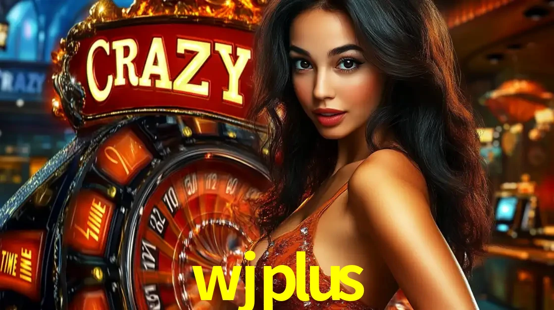 Mulher glamourosa olhando para a câmera com a roda vermelha do Crazy Time ao fundo em um ambiente de cassino, destacando a emoção dos jogos ao vivo no wjplus.