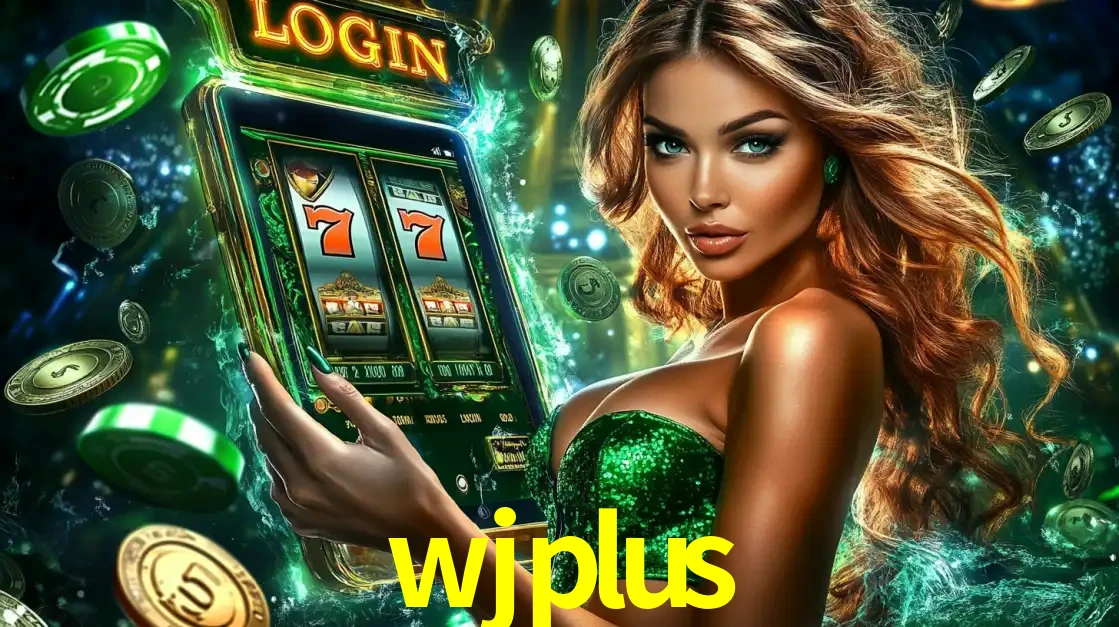 Mulher com tema verde apresentando o aplicativo do cassino wjplus com um jogo de slot de 777, cercada por fichas de cassino e uma aura de sorte.