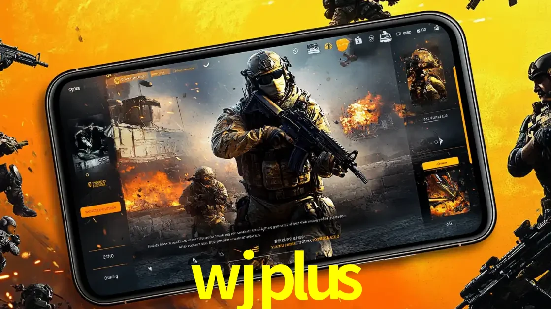 Um smartphone exibindo a interface de um jogo de tiro em primeira pessoa, com um soldado em um cenário de batalha, representando a ação dos e-sports para apostar no wjplus.
