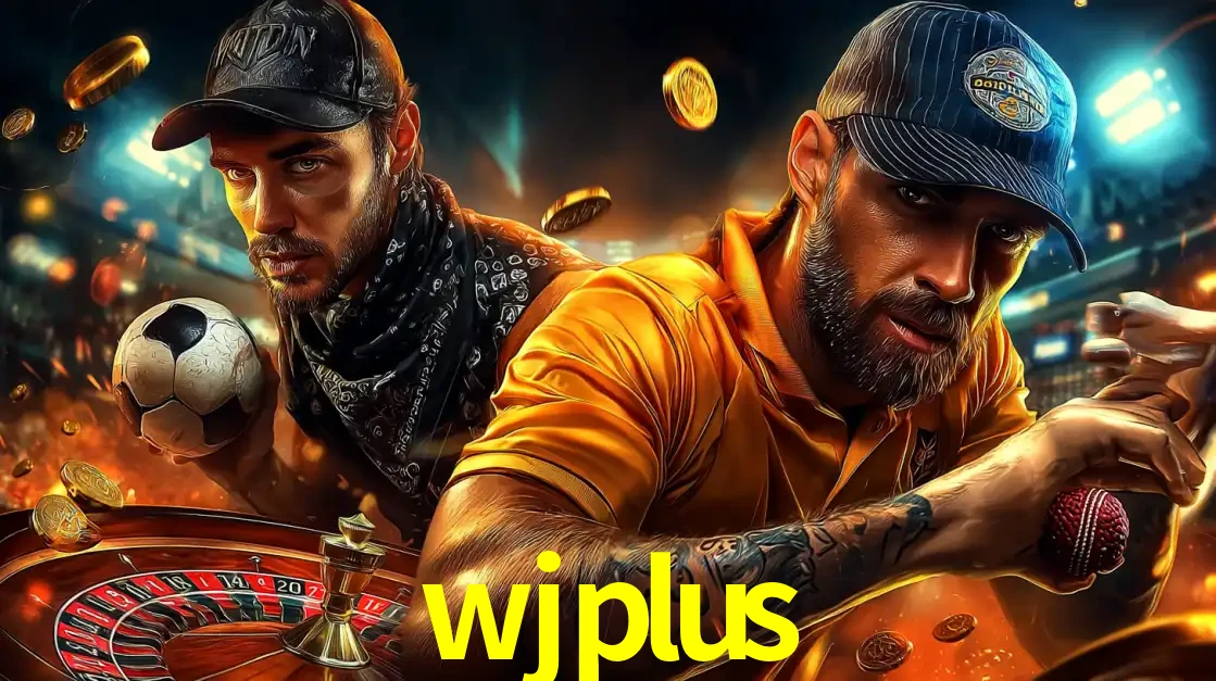 Montagem de apostas esportivas e cassino no wjplus, com um homem segurando uma bola de futebol e outro uma de beisebol sobre uma roleta e moedas voadoras.