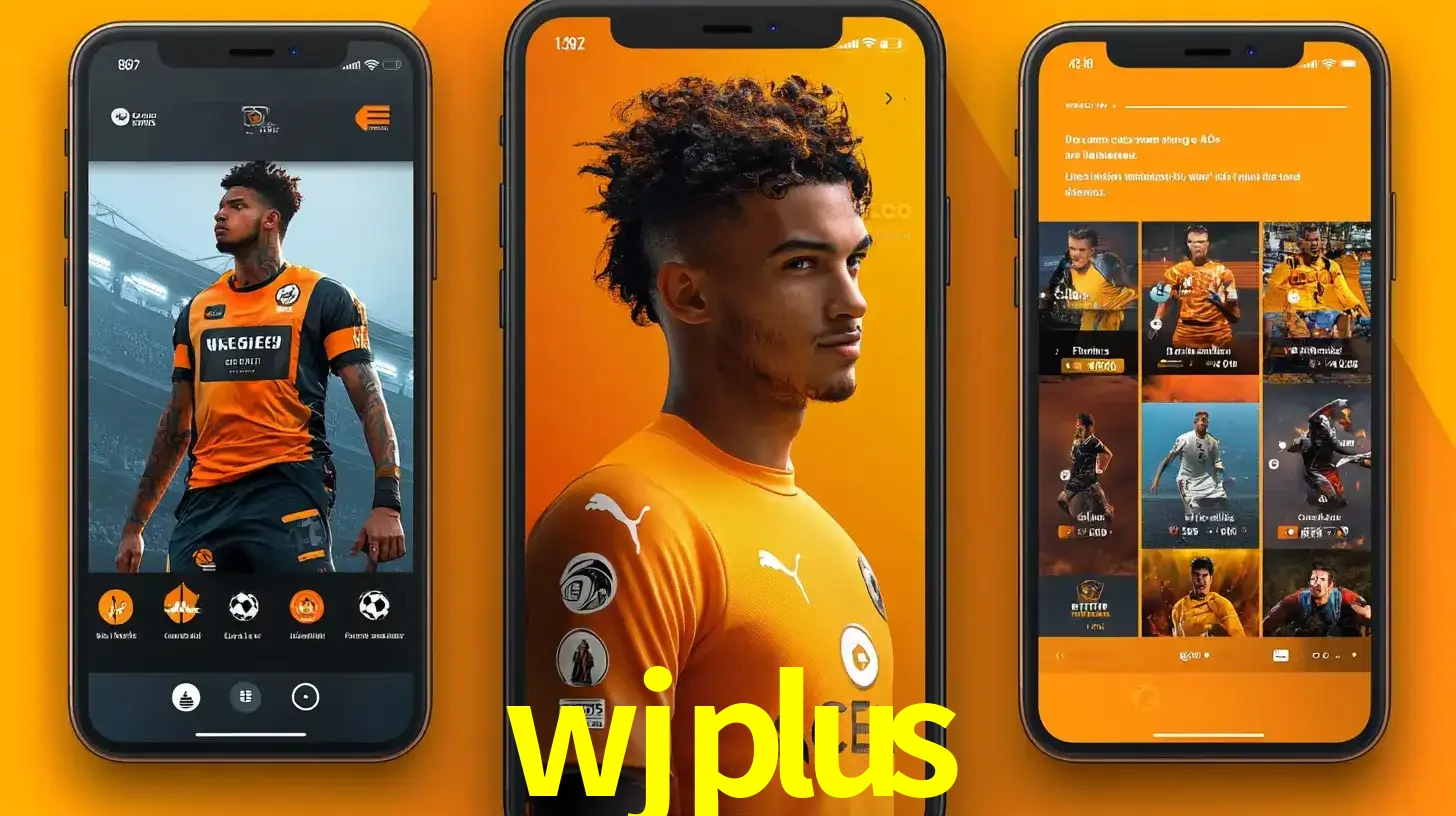 Interface do aplicativo de apostas esportivas wjplus em três telas de celular, mostrando o perfil de um jogador de futebol e a lista de jogos disponíveis para apostar.