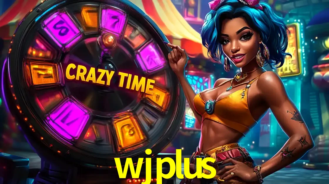 Mulher estilizada com cabelo azul e visual vibrante posando ao lado da roda de prêmios do game show Crazy Time, convidando para a diversão e os bônus do cassino wjplus.