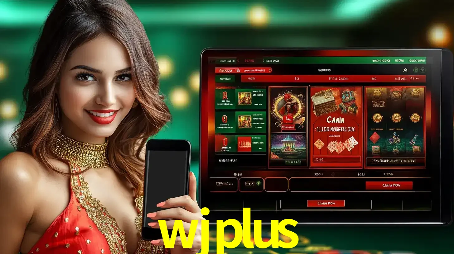 Mulher sorridente segurando um smartphone, ao lado de uma tela exibindo o lobby de jogos do cassino online wjplus, com várias opções de jogos de cartas e slots.